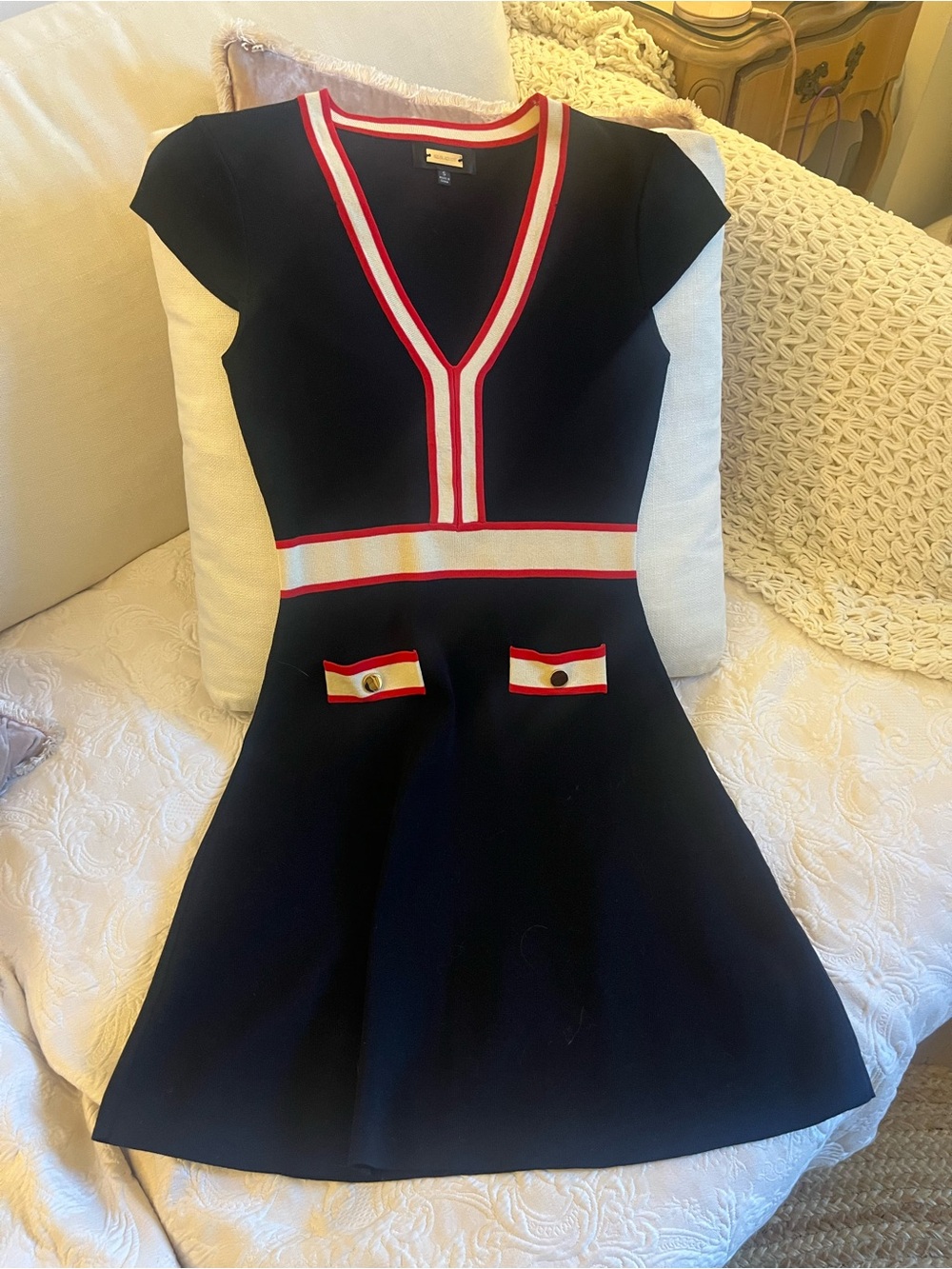 Alexia Admor - Women’s Navy Knit Dress with Red & White Trim - Sx sm
